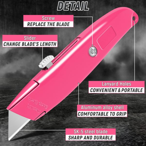 DIYSELF 2Pack Utility Knife Box Cutter Retractable Blade Heavy Duty, Box Cutters for Boxes and Cartons, Aluminum Shell Box Knife, Box Opener, Cardboard Cutter Knife (Pink) - Image 3