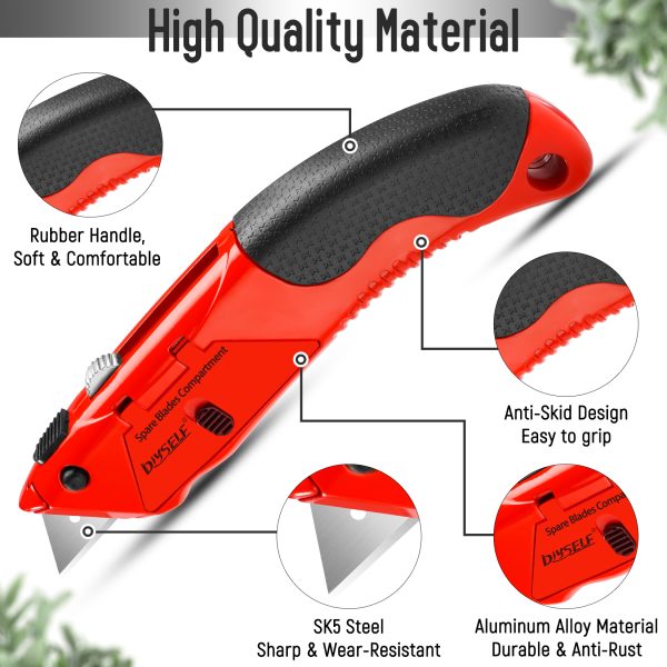 DIYSELF 1 Pack Utility Knife, Box Cutter Heavy Duty with 4 Pcs Sharp Blades, Storage Space in Handle, Box Cutter Retractable for Cutting Cartons, Cardboard, Boxes, and Carpet, Razor Knife - Image 3