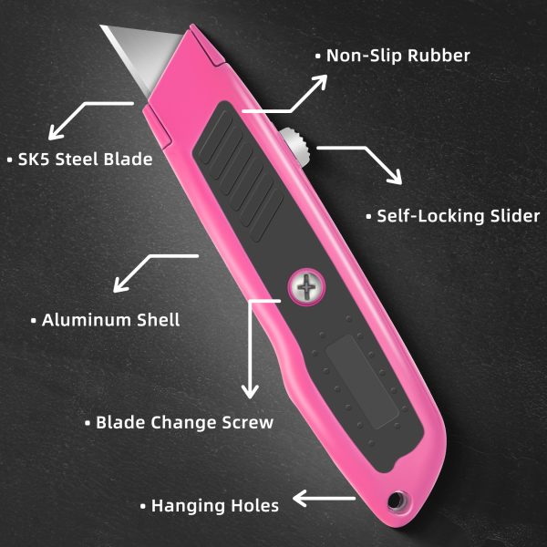 DIYSELF 2 Pack Box Cutter Retractable Heavy Duty Utility Knife, Ergonomic Razor Knife for Warehouse, Office, Exacto Knife Box Opener for Package, Cardboard (Pink) - Image 4