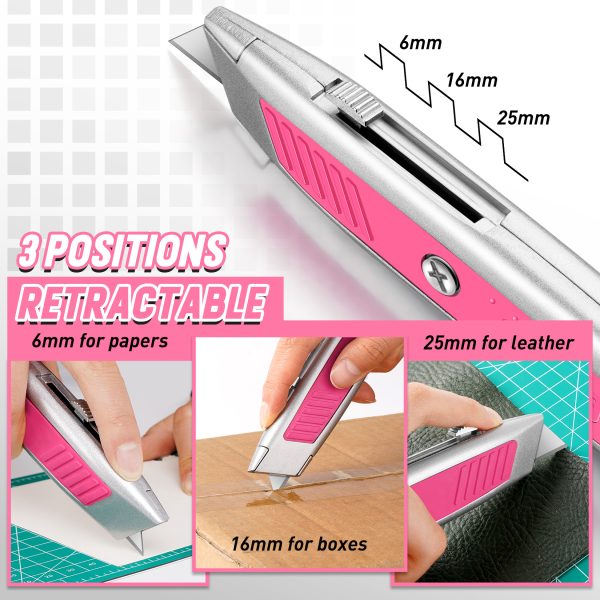 DIYSELF 2 Pack Box Cutter, Aluminum Utility Knife, Box Cutter Retractable, Sturdy Razor Knife for Cardboard, Boxes, Packages, Papers, Cartons, Box Cutter Knife, Navajas de Trabajo, Pink Knife - Image 3