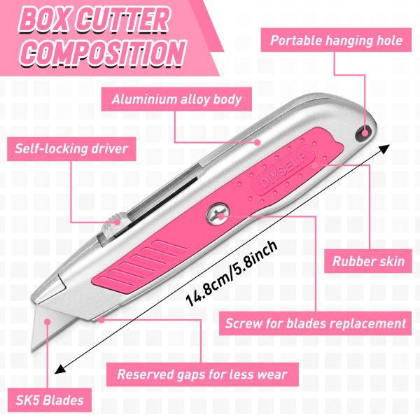 DIYSELF 2 Pack Box Cutter, Aluminum Utility Knife, Box Cutter Retractable, Sturdy Razor Knife for Cardboard, Boxes, Packages, Papers, Cartons, Box Cutter Knife, Navajas de Trabajo, Pink Knife - Image 6