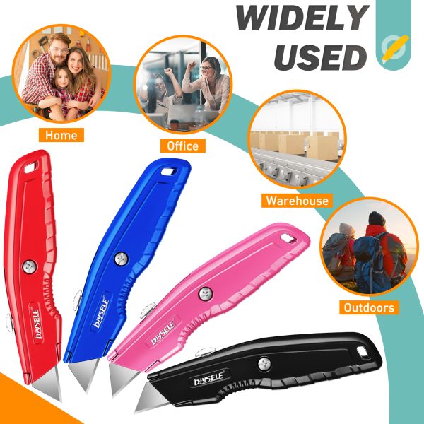 DIYSELF 4 Pack Box Cutters, Utility Knife with 10 Pcs Blades, Box Cutter Heavy Duty for Carpet, Cardboard, Vinyl, and Paper, Sharp Razor Knife, Package Opener, Box Cutter Retractable, Box Cutter Knife - Image 3