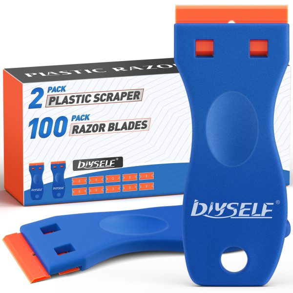 DIYSELF 2 Pack Plastic Razor Blade Scraper, Extra 100Pcs Plastic Razor Blades Refills, Plastic Scraper Tool, Razor Scraper Tool, Blade Scraper Tool for Removing Vinyl, Decals, Stickers, Labels, Glue - Image 9